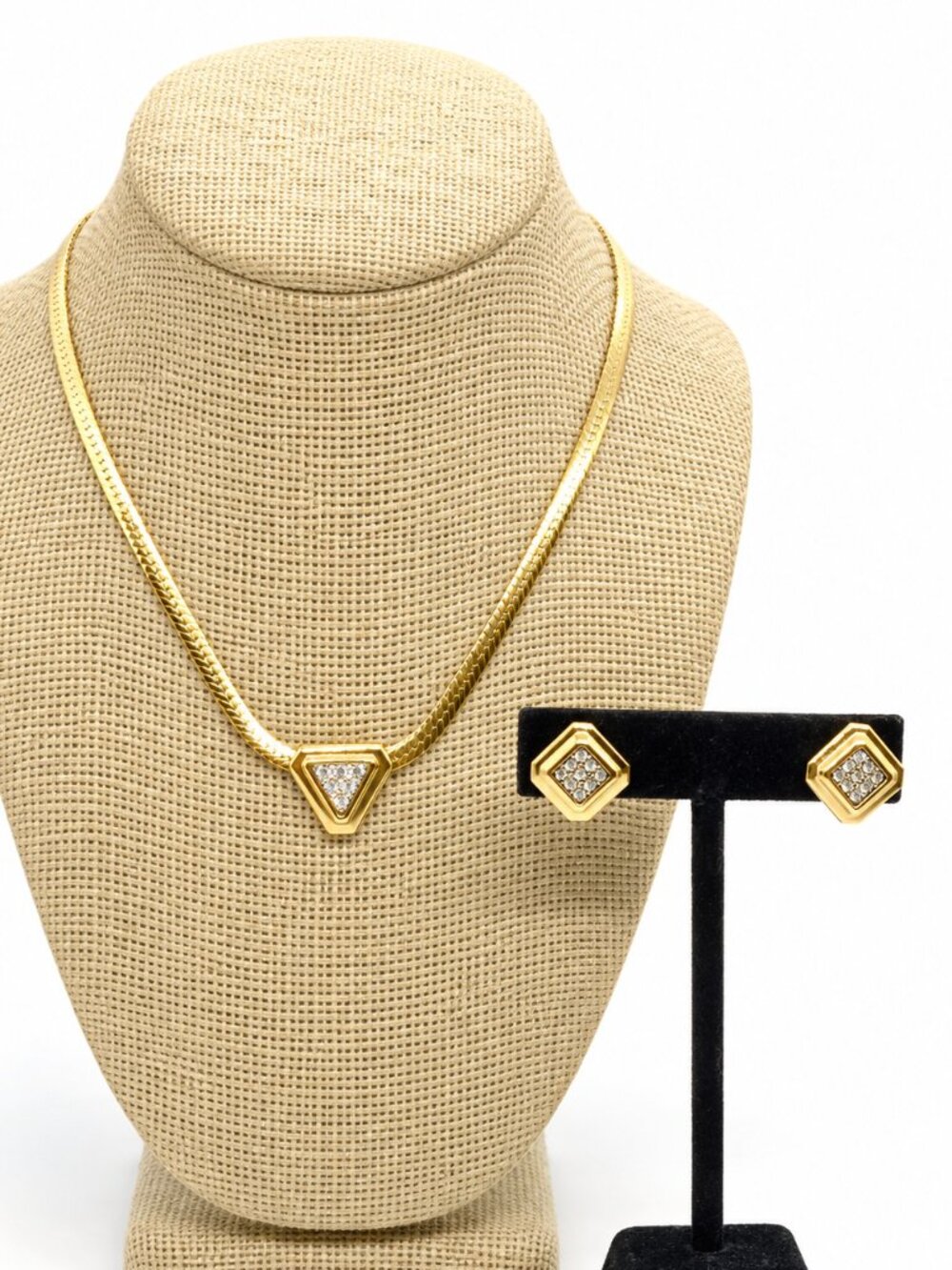 Vintage Avon Necklace Set Pave Rhinestone Herringbone Clip Earrings Gold Tone